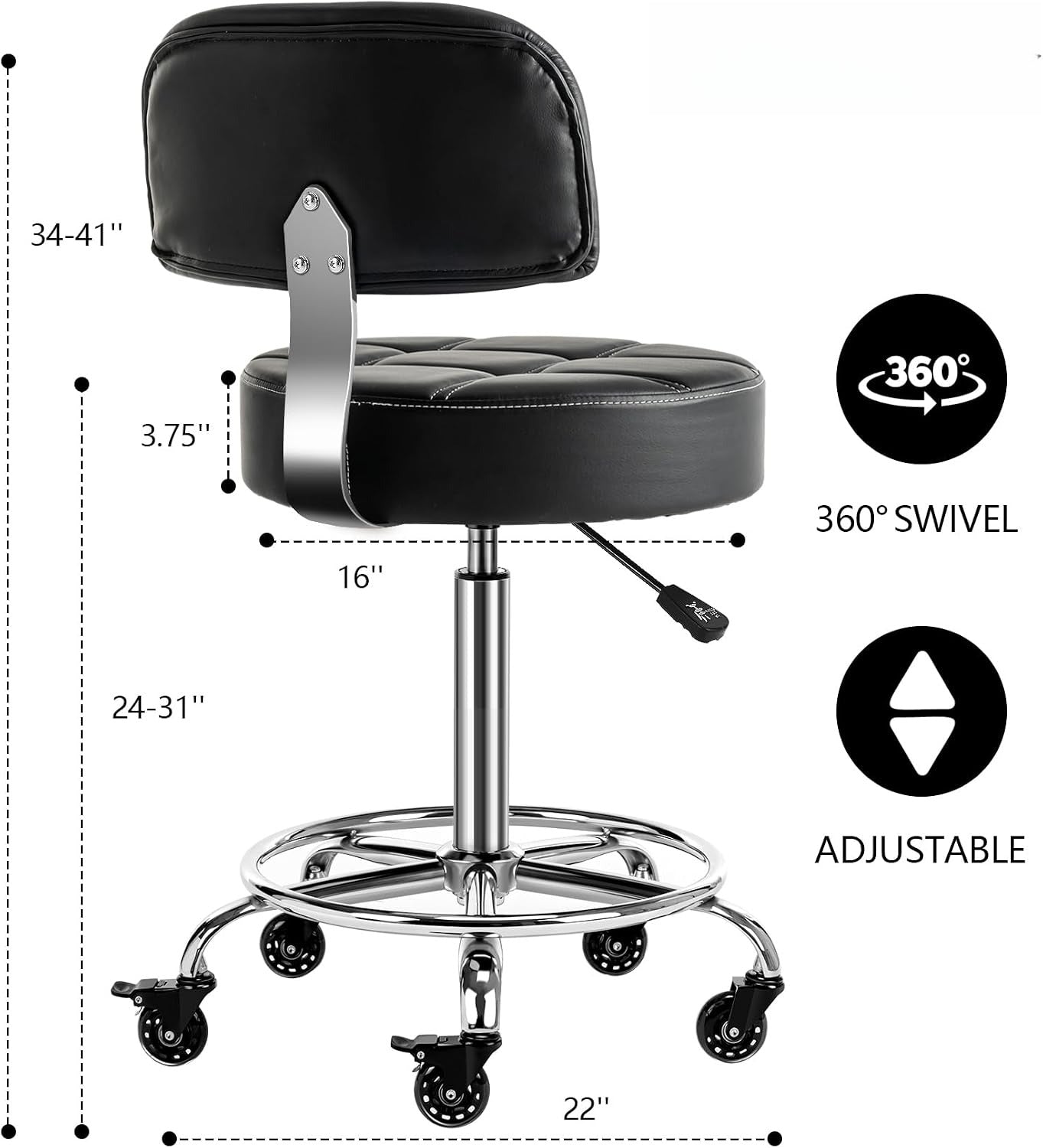 Lockable Rolling Hydraulic Adjustable Stool with Backrest