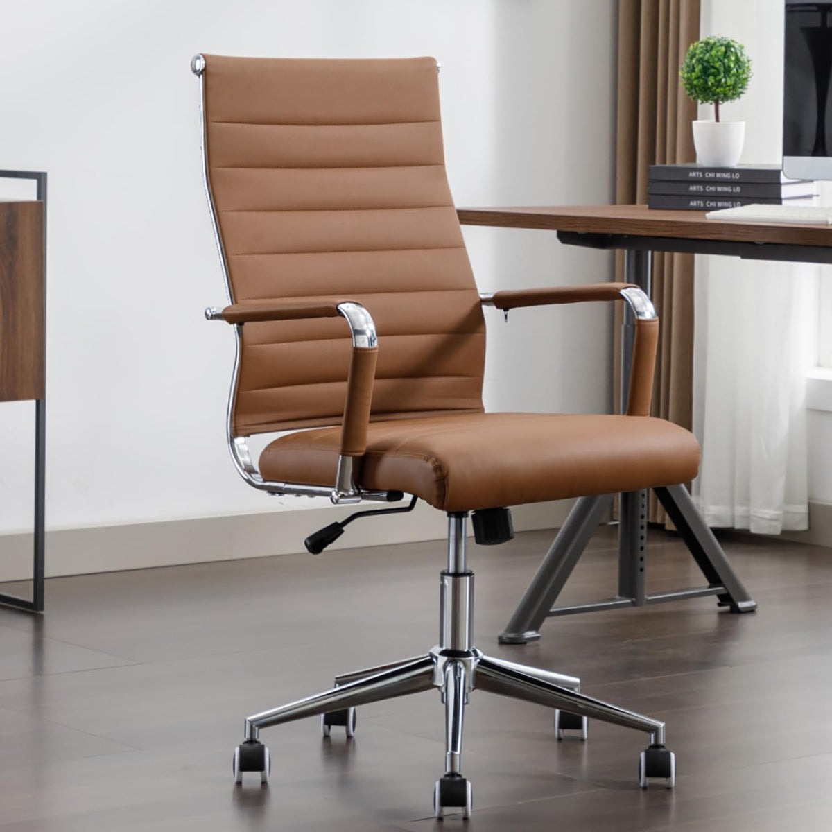 Brown Ribbed High Back Leather Executive Office Chair