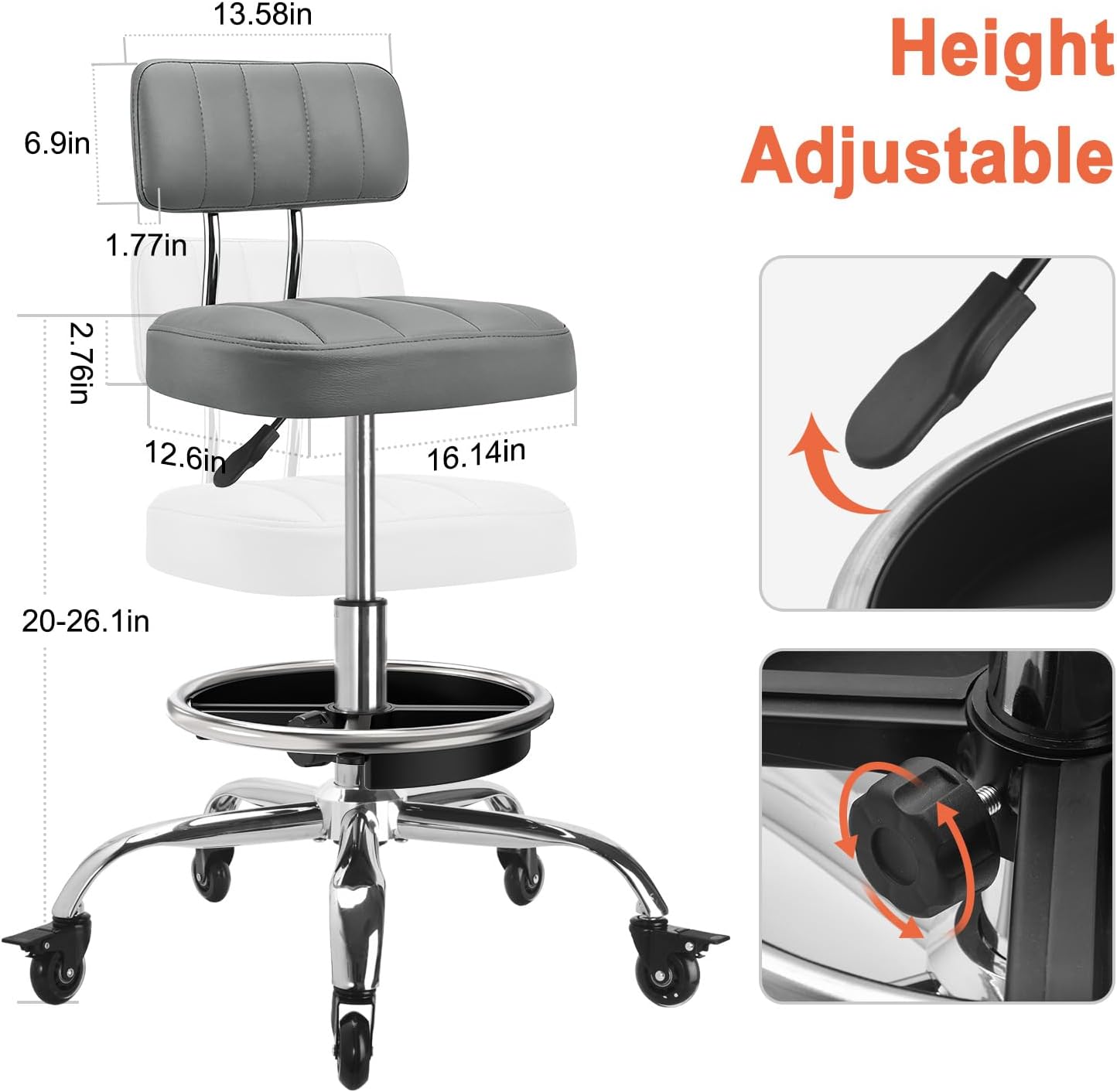 Adjustable Rolling Mechanic Stool with Backrest