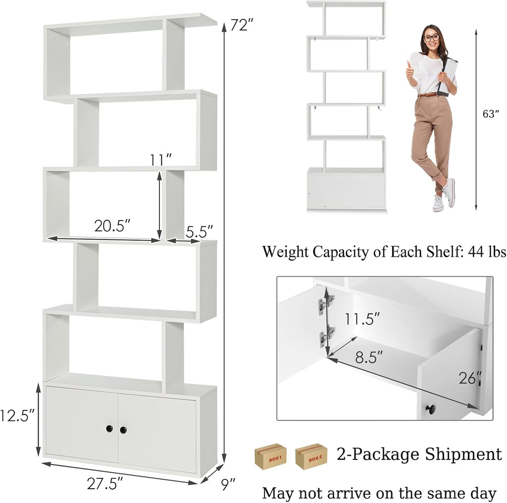 6-Tier S-Shaped Bookshelf with Cabinet