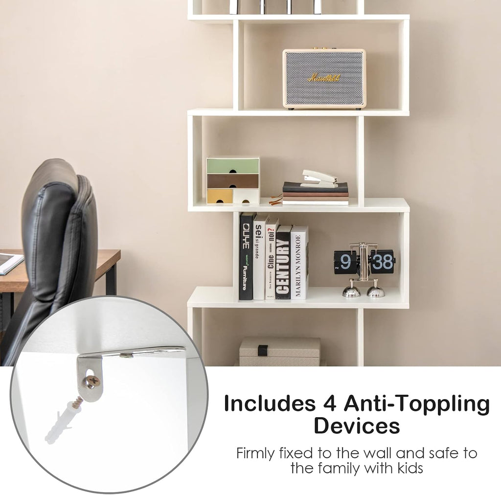 6-Tier S-Shaped Bookshelf with Cabinet