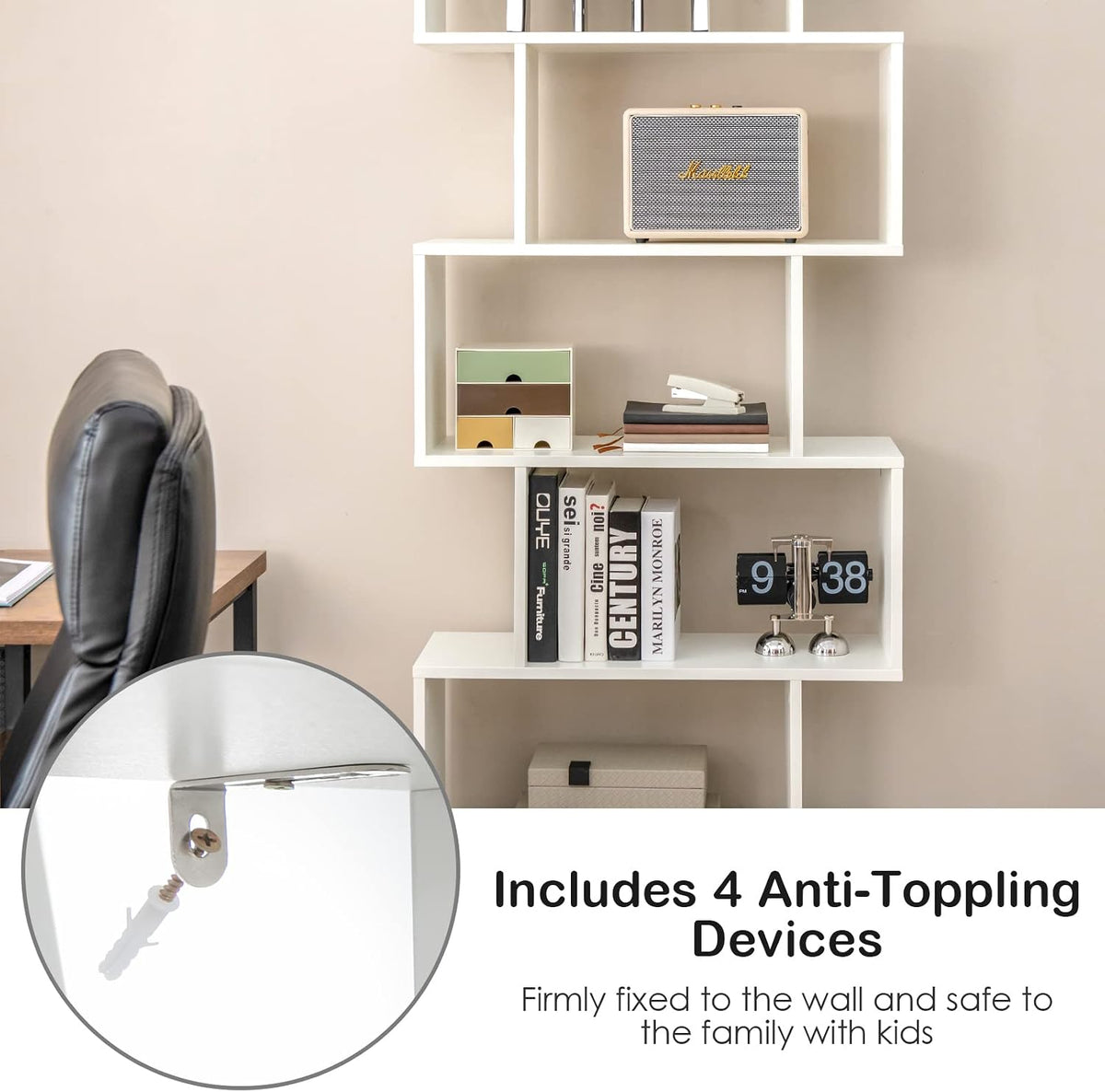6-Tier S-Shaped Bookshelf with Cabinet