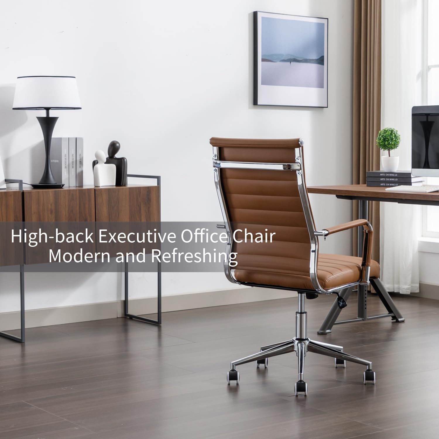 Brown Ribbed High Back Leather Executive Office Chair