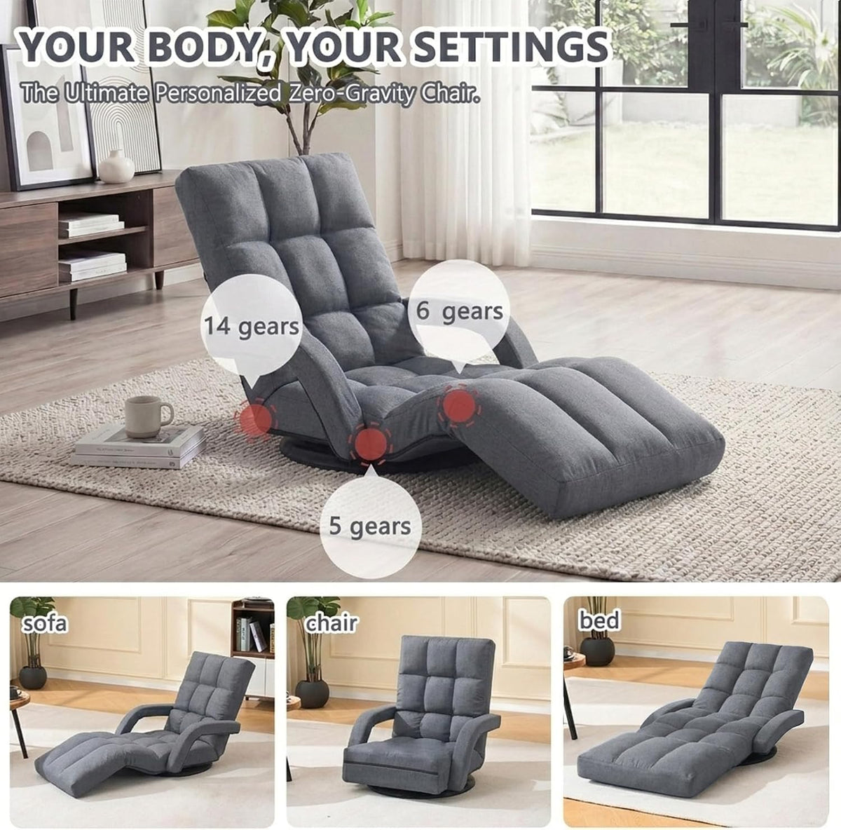 Grey Adjustable Reclining Swivel Floor Gaming Chair