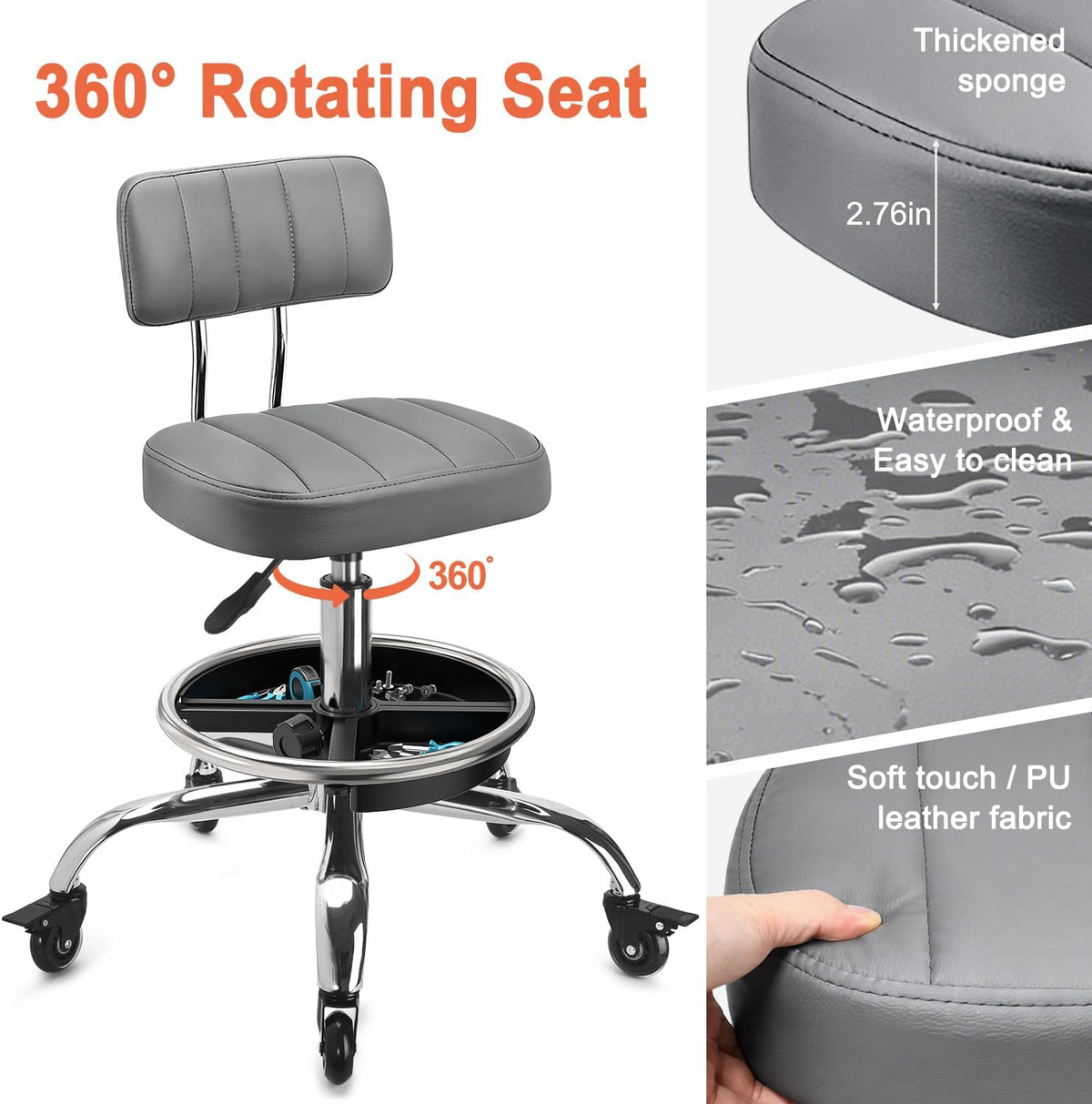 Adjustable Rolling Mechanic Stool with Backrest