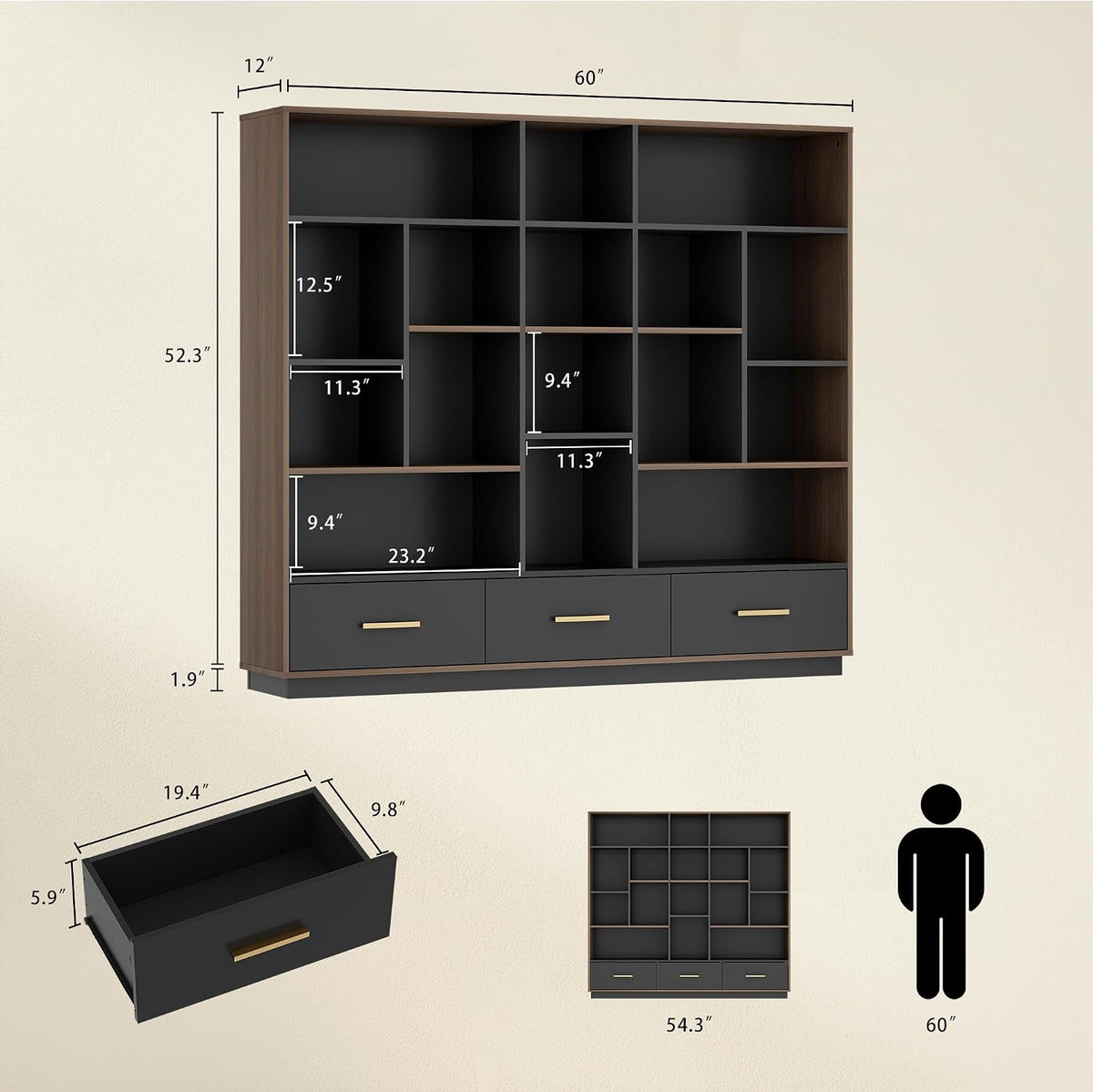 60" Wide Bookshelf with 3 Drawers & 16 Shelves