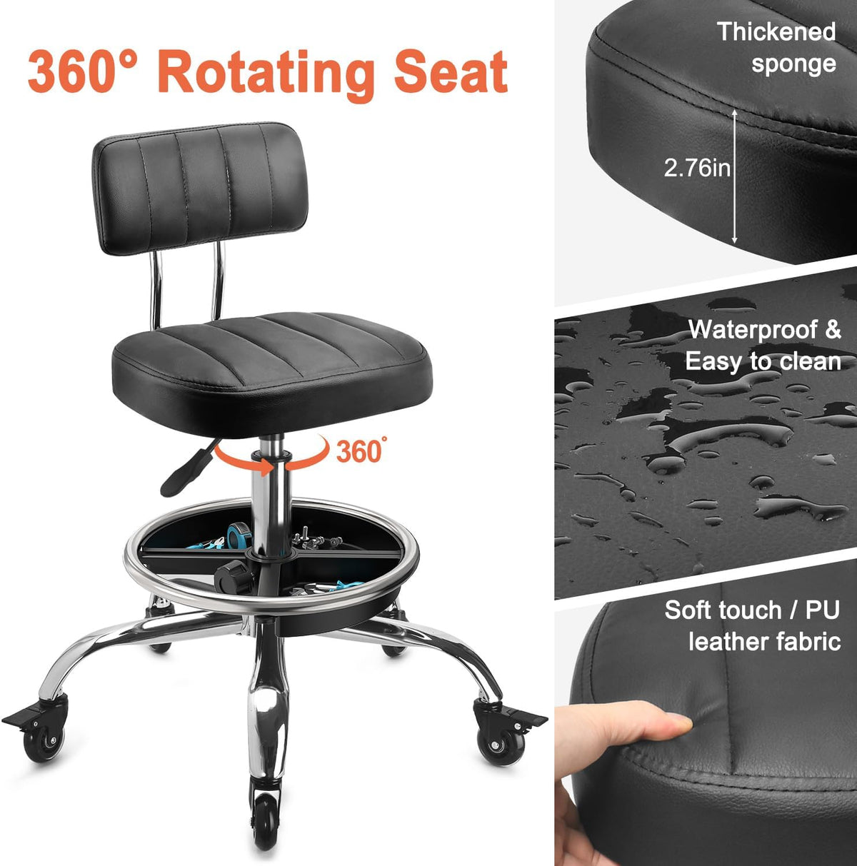 Adjustable Rolling Mechanic Stool with Backrest