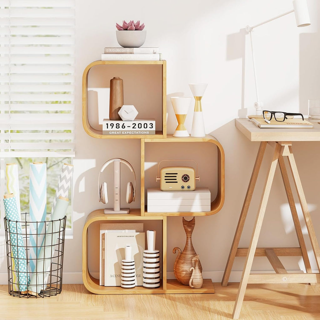3-Tier Bamboo Geometric Bookshelf