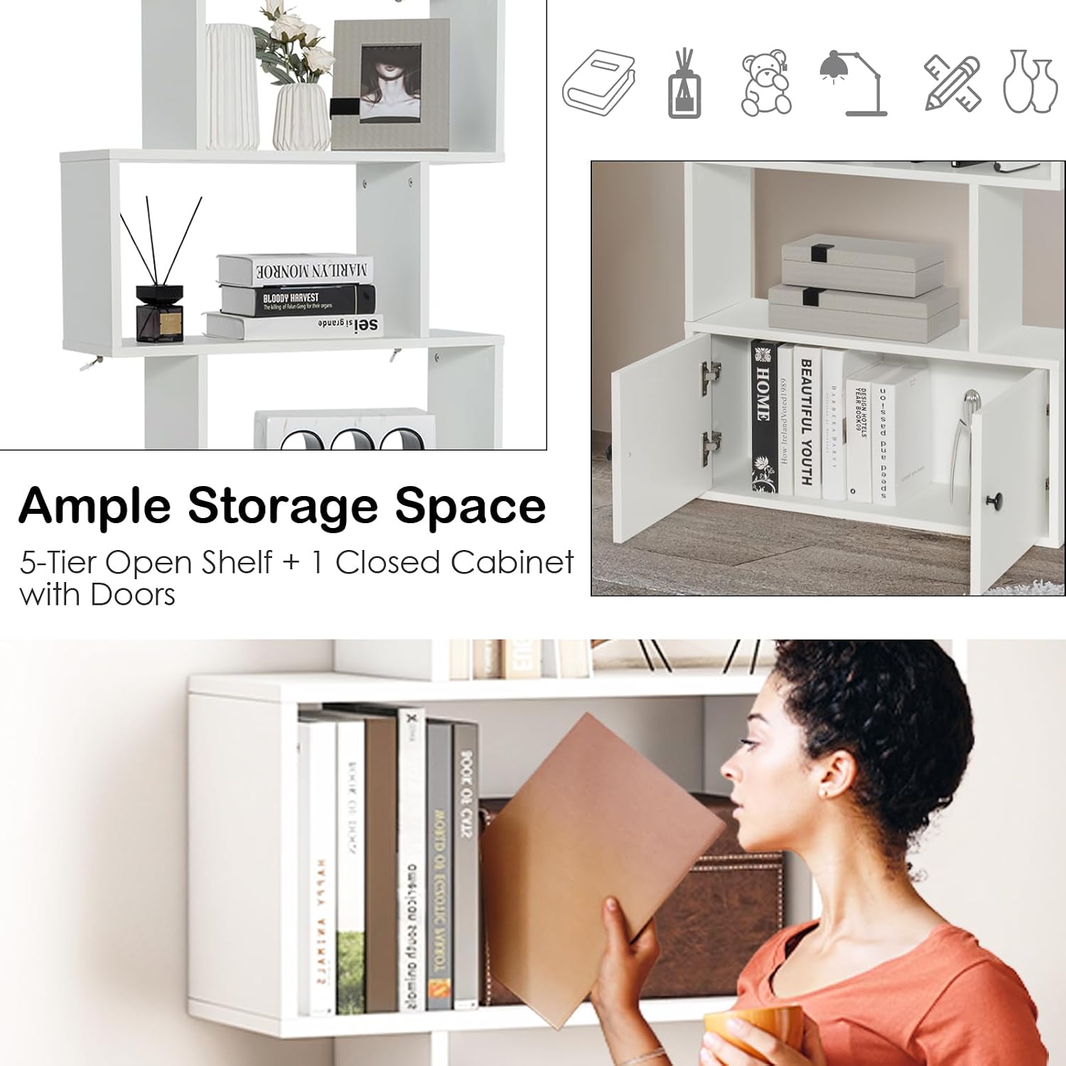 6-Tier S-Shaped Bookshelf with Cabinet