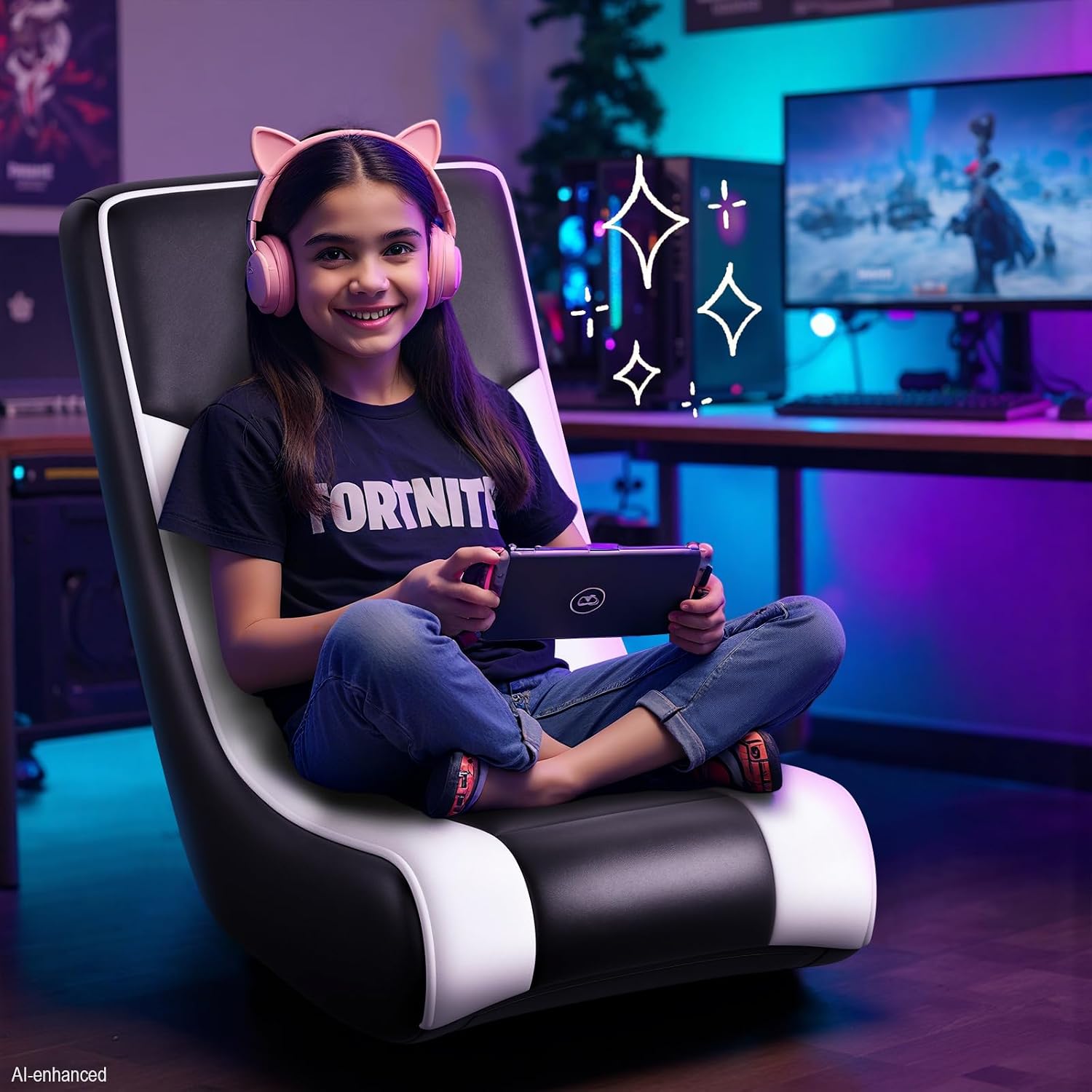 Black & White Adjustable Floor Rocker Gaming Chair