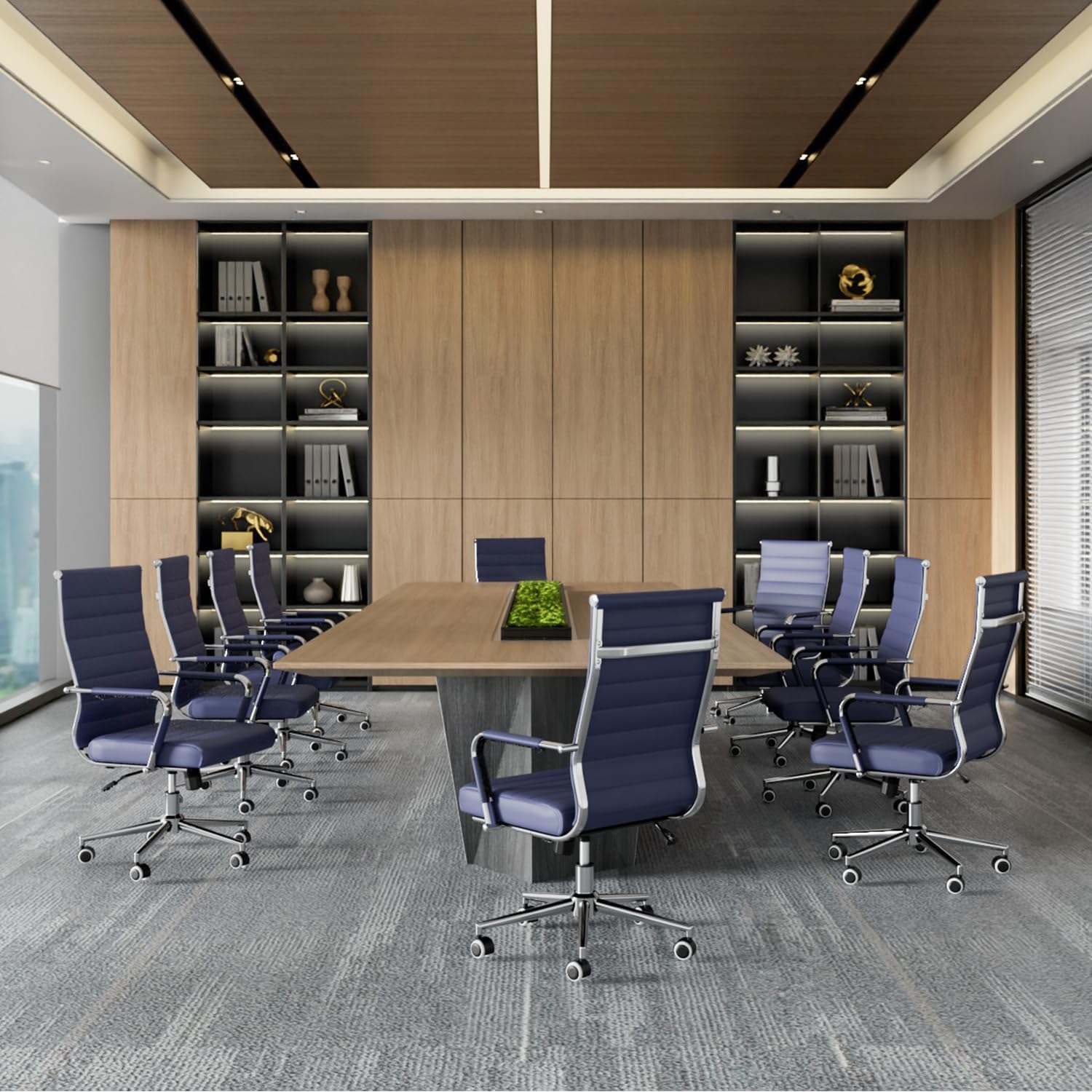 Navy Blue Ribbed Leather Office Chair