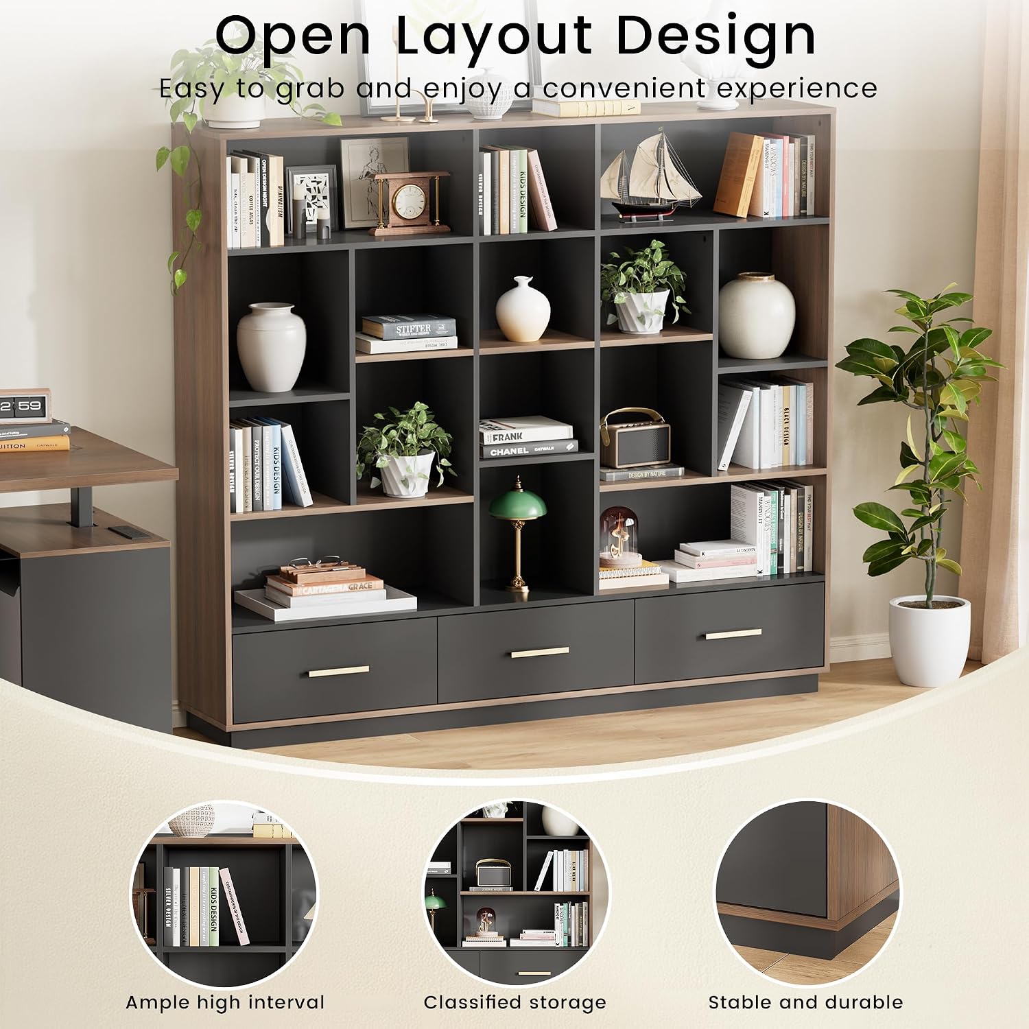 60" Wide Bookshelf with 3 Drawers & 16 Shelves