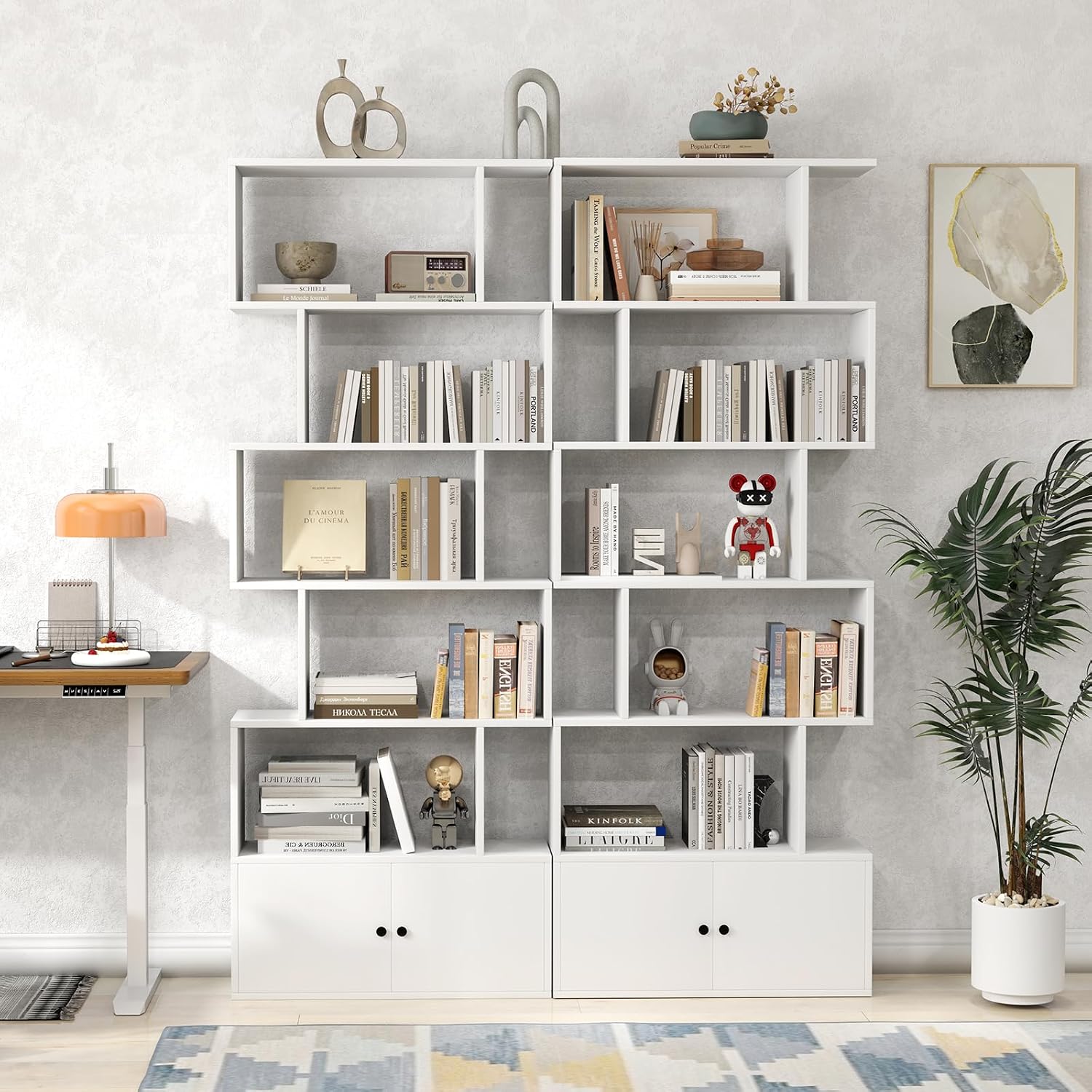6-Tier S-Shaped Bookshelf with Cabinet