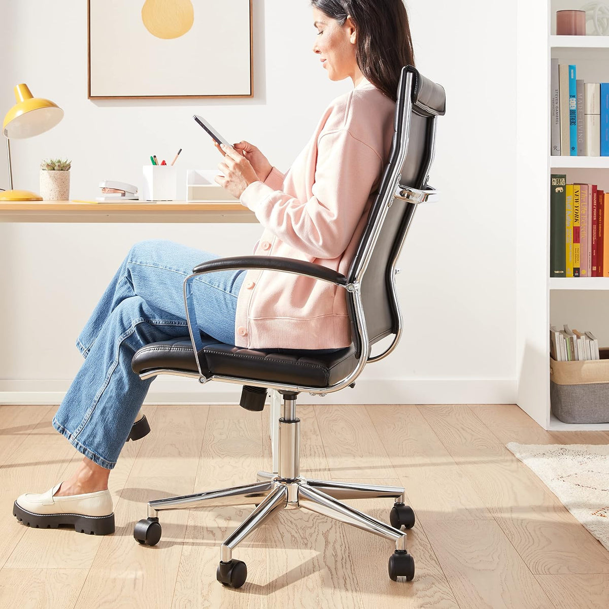 Black Ribbed High-Back Faux Leather Office Chair